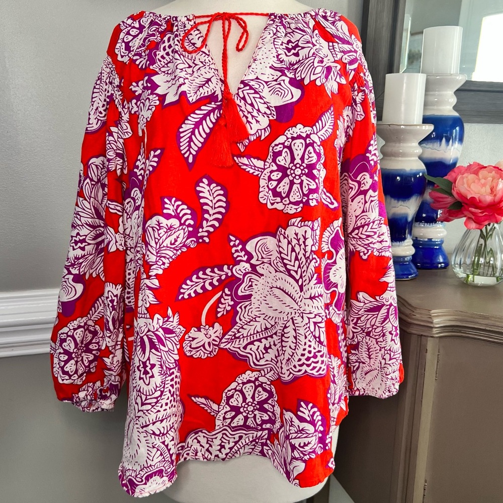 NWT Calligraphie Linen Blouse Size 2x Bright Red and Purple Floral Top Plus 102
